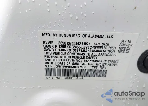 2018 Honda Pilot Ex-L z USA, uszkodzony, nr VIN 5FNYF6H66JB047808